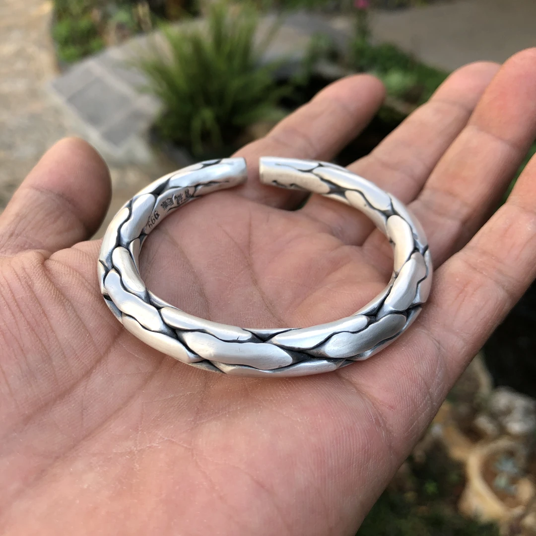 足银手镯 足银999情侣编丝手镯镯子，手工编制，做旧复古开口银手镯