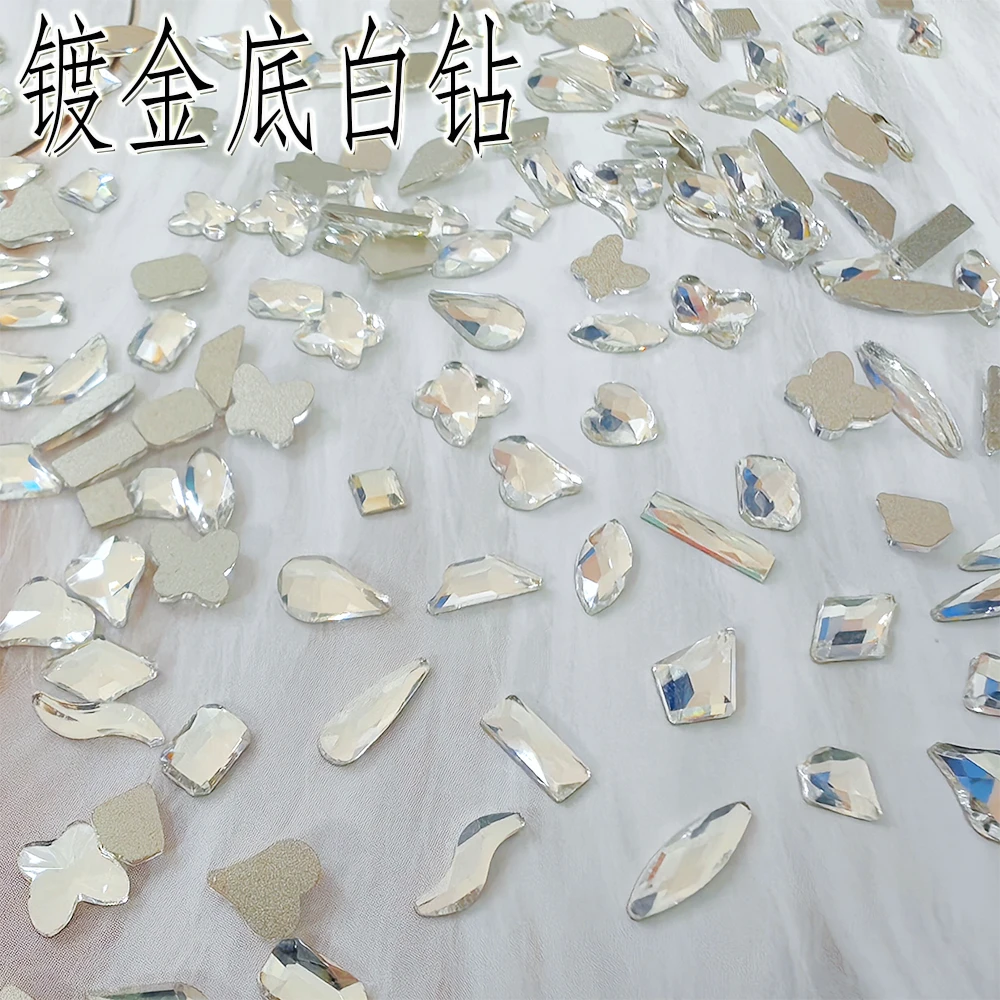 网红爆款镀金底白钻美甲饰品白色异形平底钻超闪指甲爆闪指尖钻饰