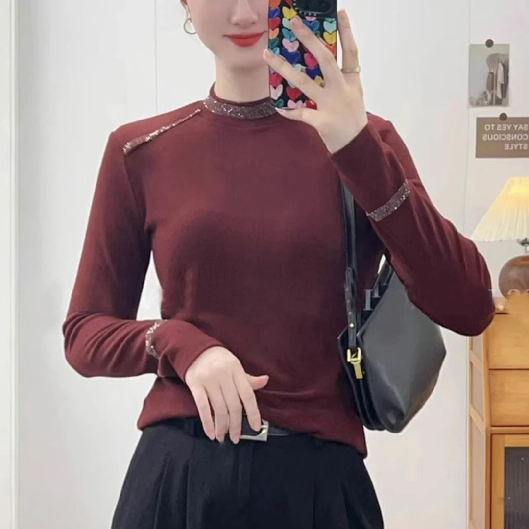 半高领烫钻打底衫秋冬季新款时尚洋气修身显瘦减龄T恤上衣#TZ108
