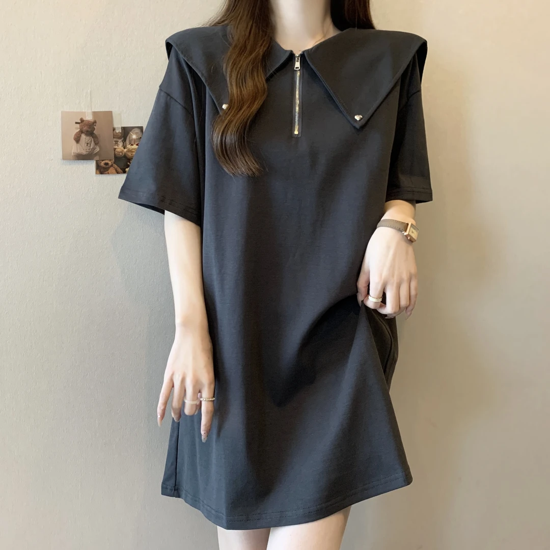 大码夏季新款时尚百搭洋气拉链娃娃领设计感宽松显瘦遮肚连衣裙子