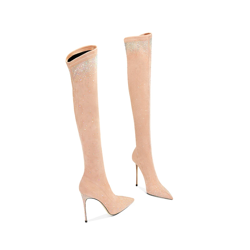 过膝长靴女高跟2025秋冬新款裸色水钻尖头细跟弹力网红瘦瘦高筒靴