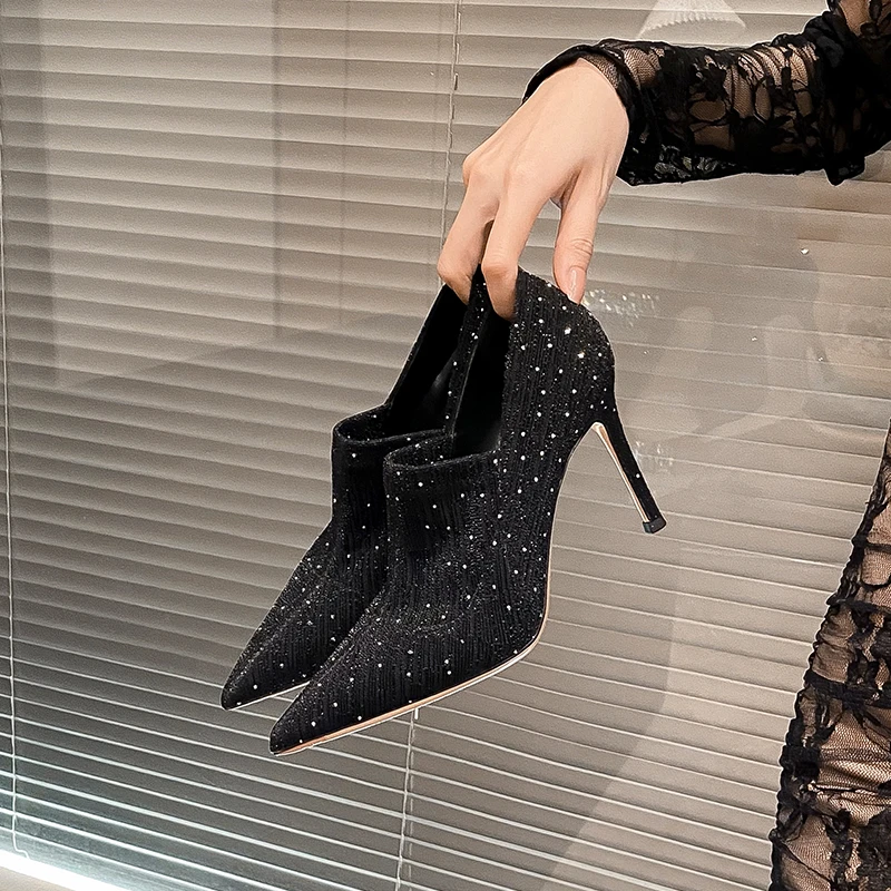 2025秋冬新款及裸靴黑色性感尖头细跟百搭水钻高跟鞋弹力深口鞋子