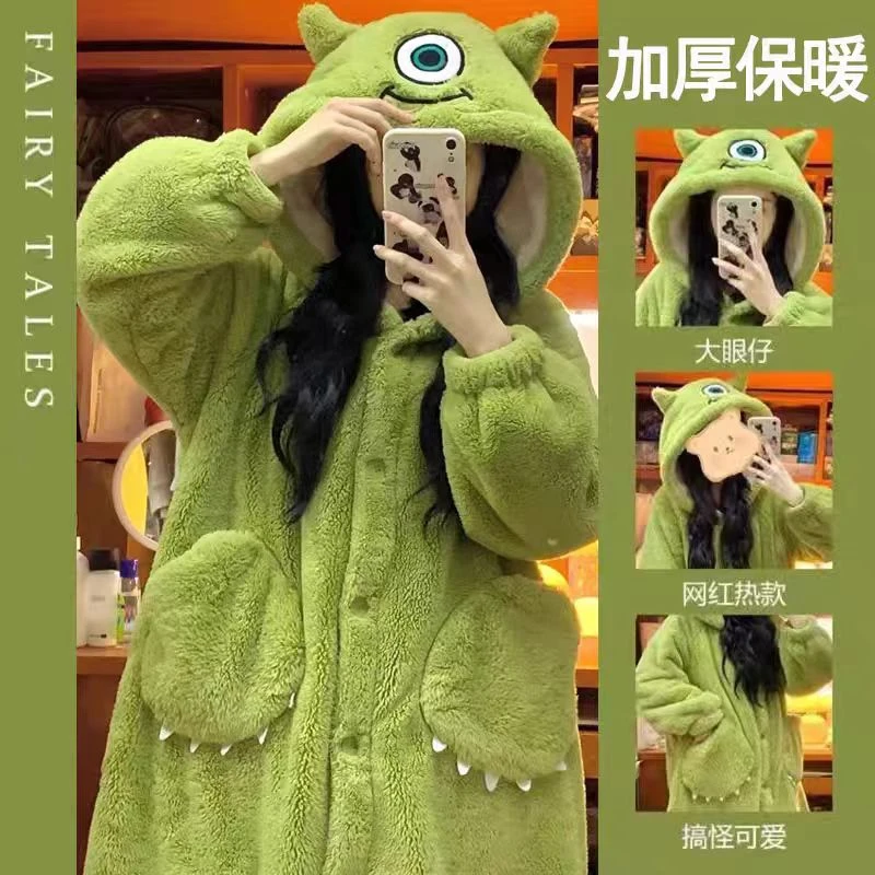 新款大眼仔珊瑚绒加绒加厚保暖毛绒卡通网红家居服秋冬季套装