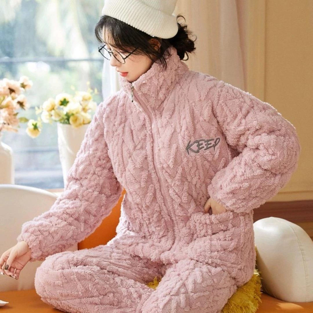 清仓三层夹棉睡衣女秋冬季款夹棉长袖加厚套装法兰绒家居服