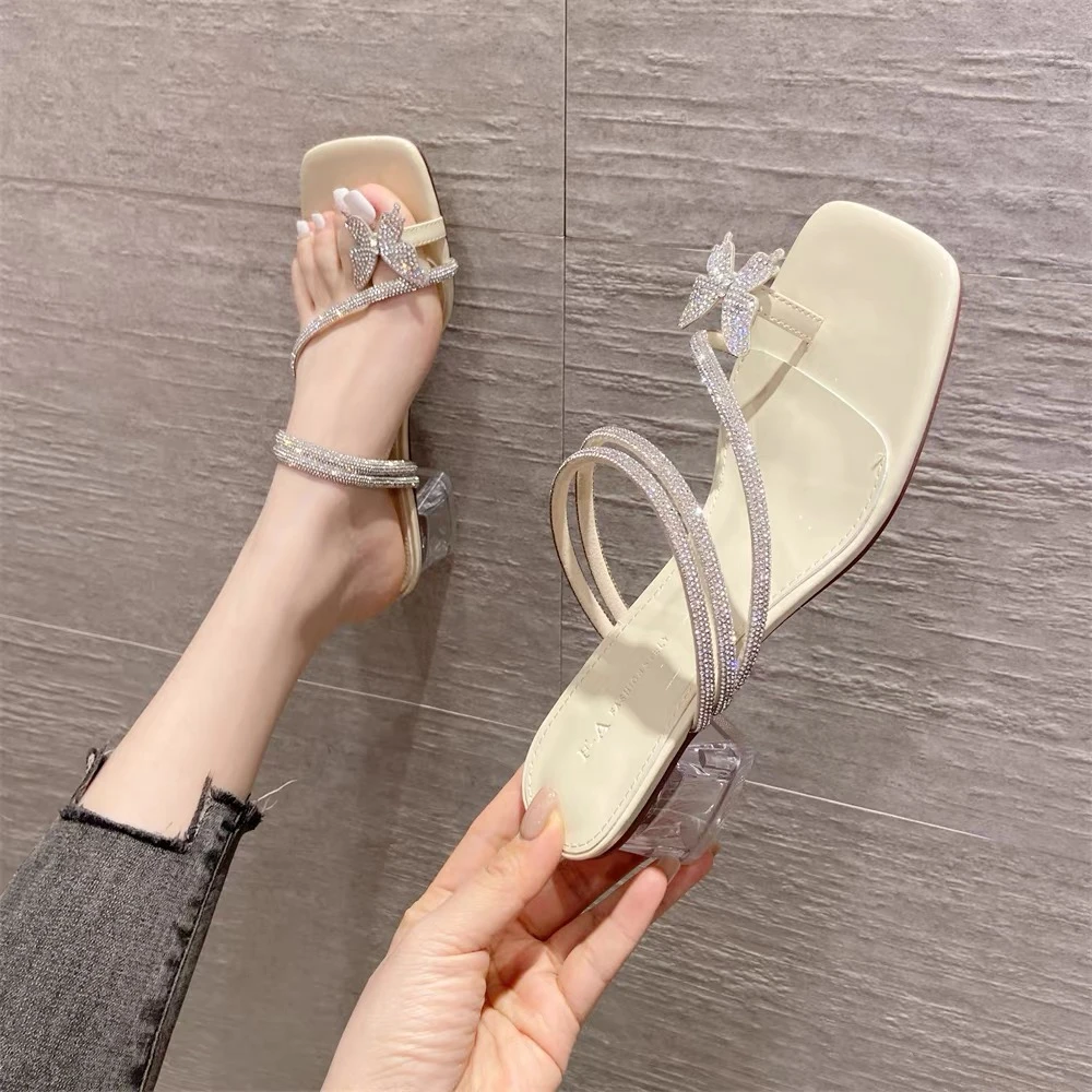 水晶水钻蝴蝶粗跟两穿套趾凉拖鞋2024夏季新款网红时尚女仙女风.