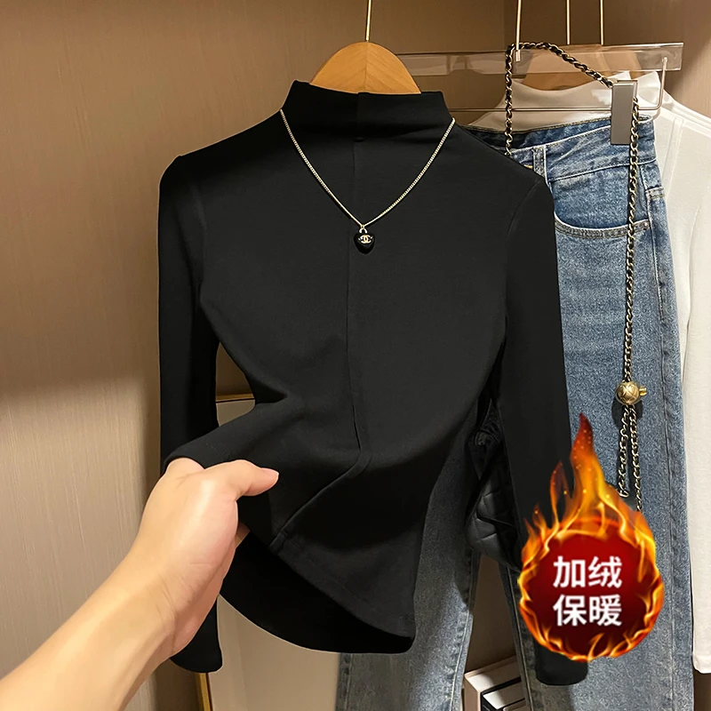 2025年早春新款黑色半高领打底衫女修身内搭螺纹加绒显瘦长袖T恤