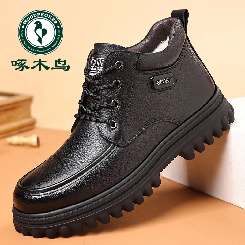 啄木鸟男鞋新款头层牛皮时尚商务加绒保暖大头工装鞋厚底休闲潮鞋
