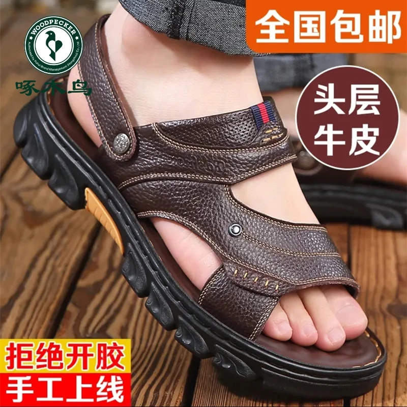 啄木鸟凉鞋男真皮夏季透气男士休闲沙滩鞋软底外穿两用拖鞋爸爸鞋