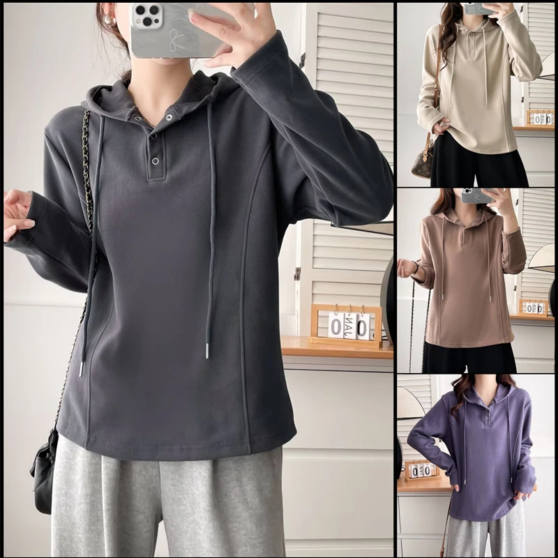 大码女装秋冬胖mm休闲百搭显瘦宽松连帽卫衣慕斯绒保暖上衣打底衫
