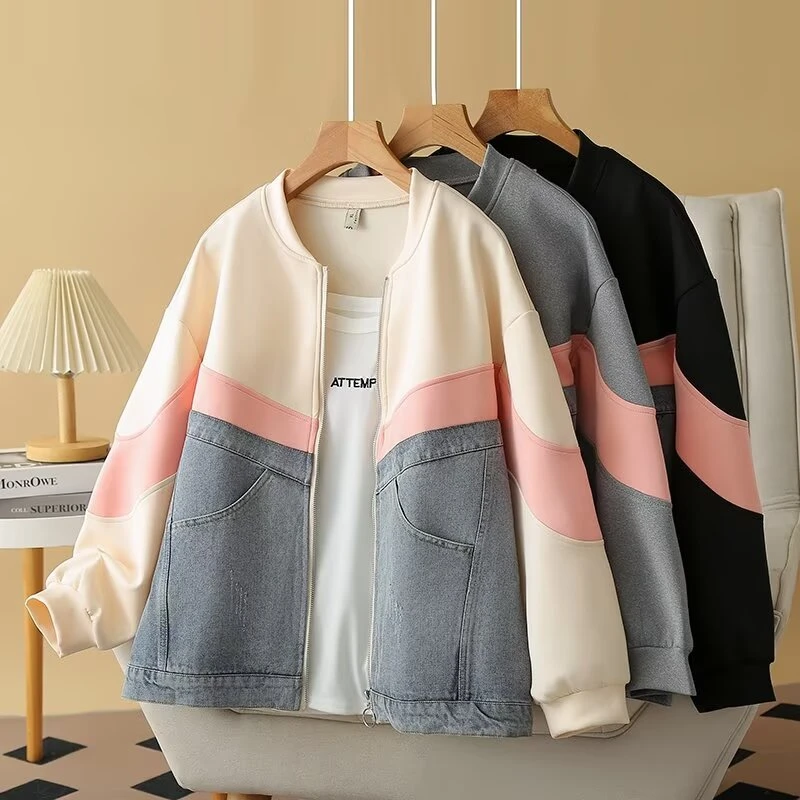 大码女装春季韩版撞色拼接牛仔外套胖妹妹休闲显瘦百搭棒球服夹克