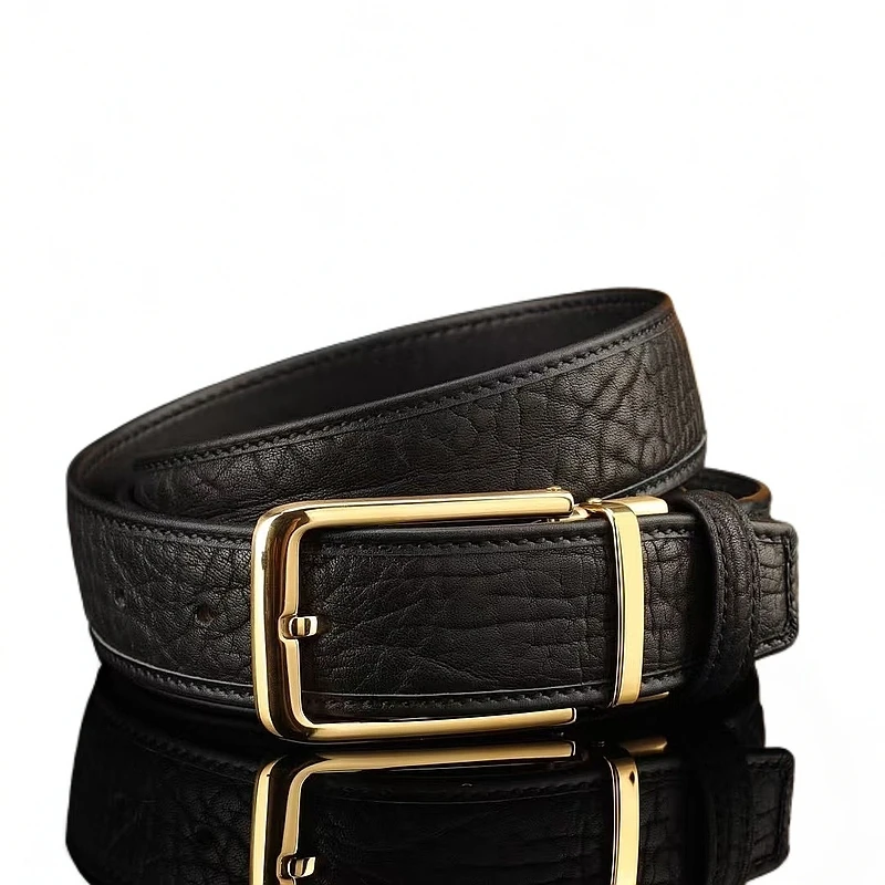 非洲进口牛皮腰带针扣男士简约时尚轻奢商务休闲牛仔高档