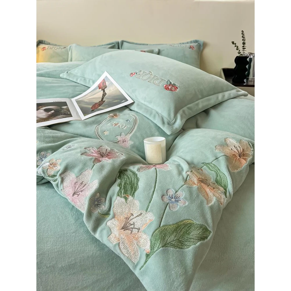 水星系列家纺公主风冬季牛奶绒床单四件套加厚保暖珊瑚绒小清新床