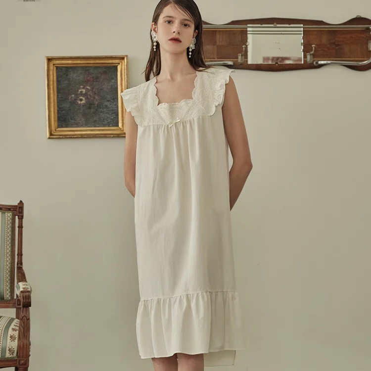 UL家/米白色/重工刺绣/蕾丝睡衣女套装/春夏宽松宫廷风23164