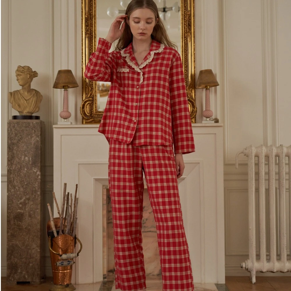 【树下优品】韩国UL家/允儿秋冬女红格子衬衫领家居服套装睡衣24262