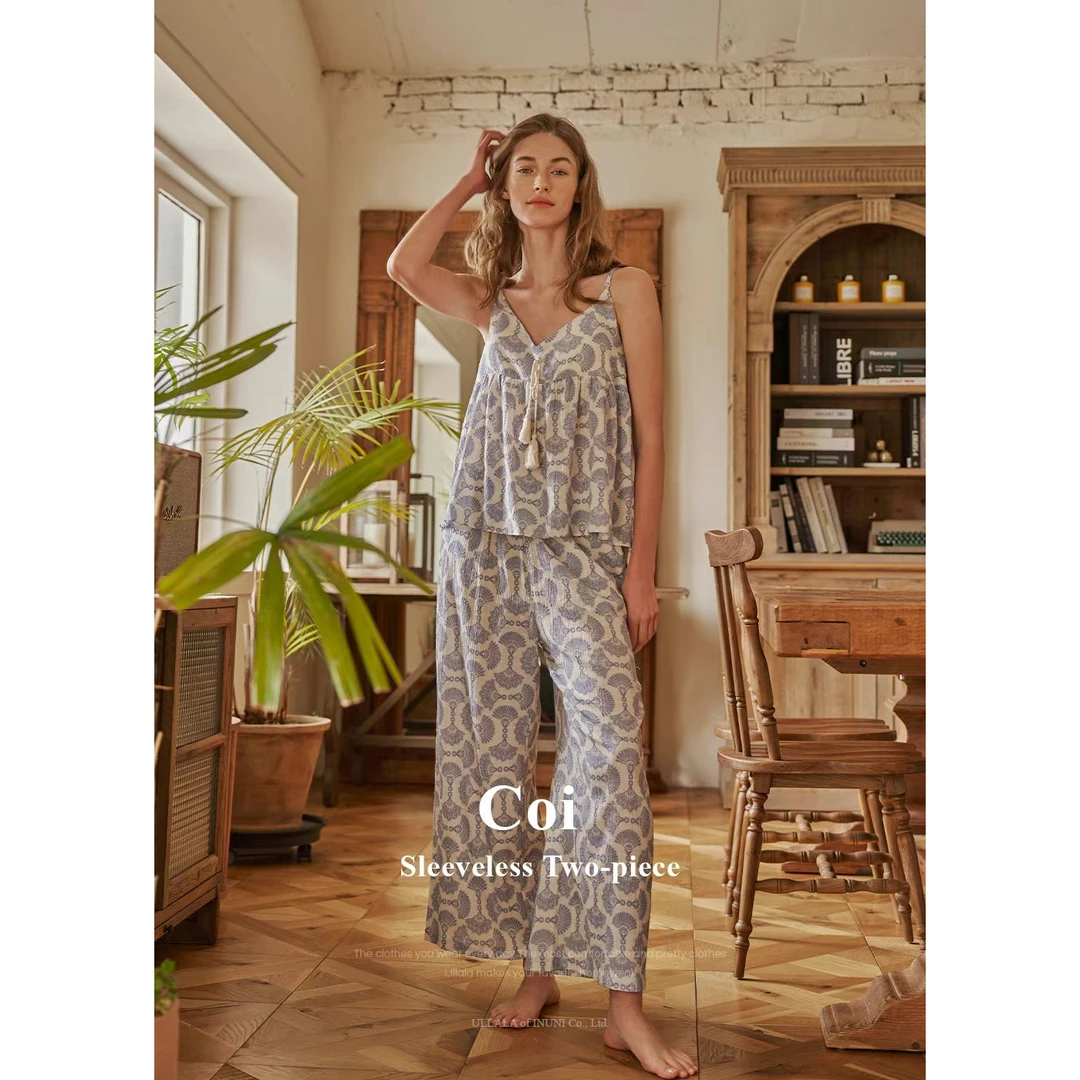 【树下优品】韩国UL家/纱布棉甜美印花性感吊带长裤睡衣套装女24187