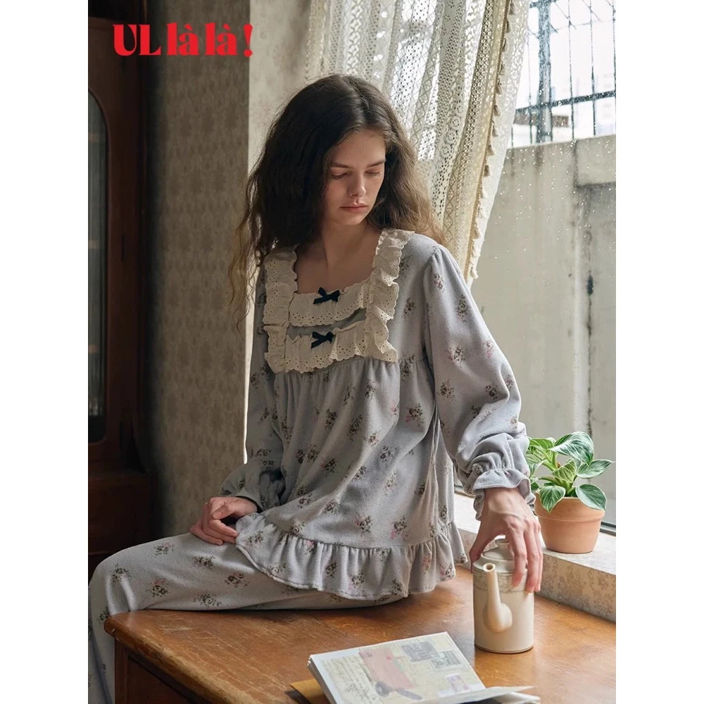 韩国ullala睡衣秋冬方领家居服甜美可爱女法兰绒保暖套装25301