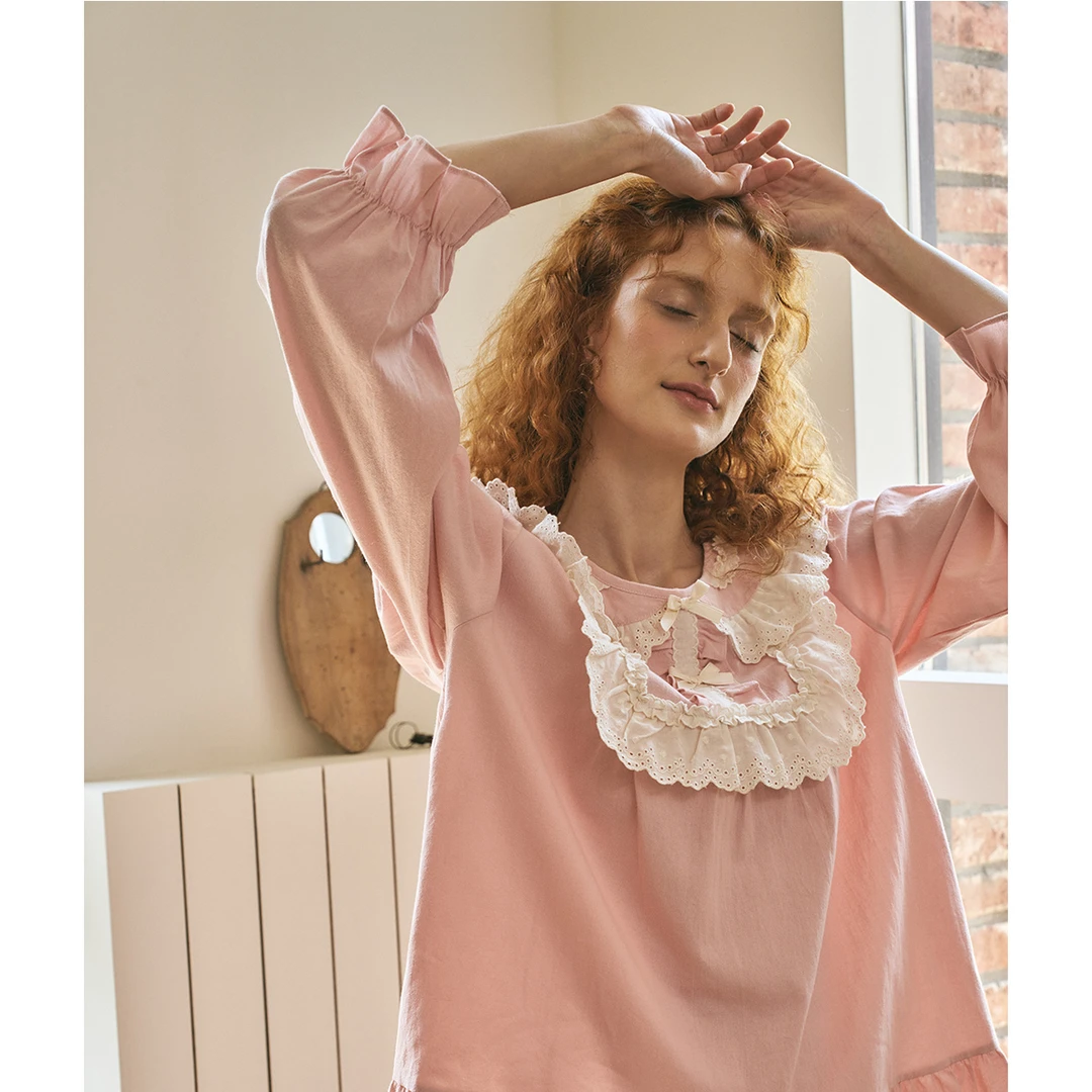 【树下优品】韩国UL家/2024春秋新款粉色睡衣家居服套装裙子24217