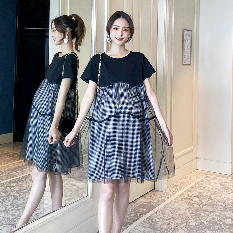 孕妇夏装连衣裙显瘦时尚拼接格子假两件中长款小个子孕妇裙