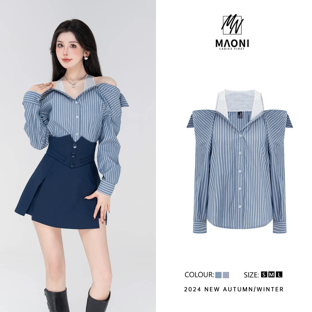 清-毛妮Peshe【时髦攻略】穿搭亮片设计感一字肩时尚条纹衬衫D9618