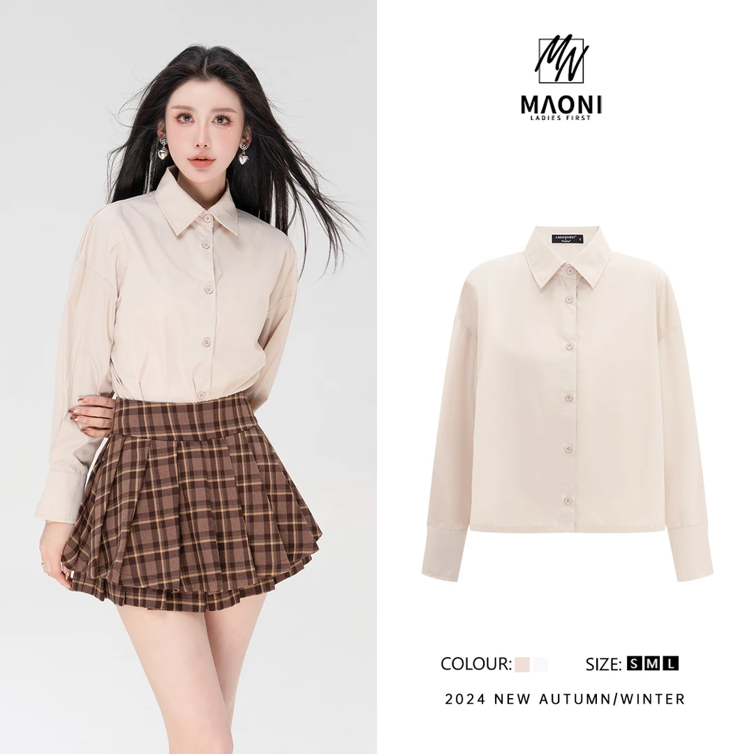 清-毛妮Peshe【必入百搭】时髦减龄时尚纯色气质百搭长袖衬衫D9508