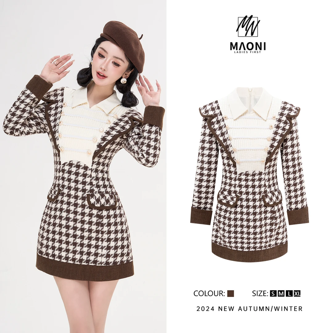 清-毛妮Peshe【赫拉小姐】2024秋冬英伦千鸟格时髦修身连衣裙D9821
