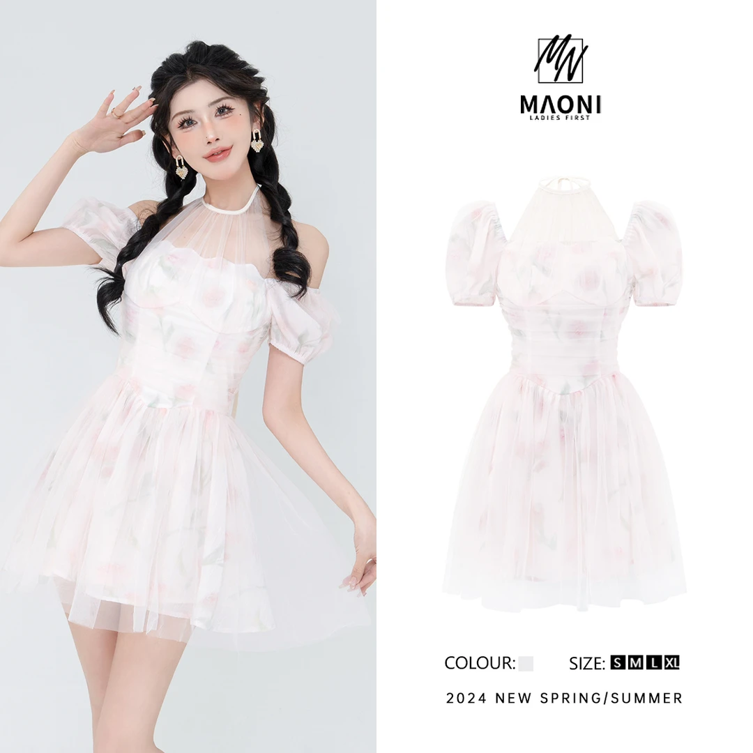 清-毛妮Peshe【高考毕业季】2024夏拼接网纱收腰泡泡袖连衣裙D9383