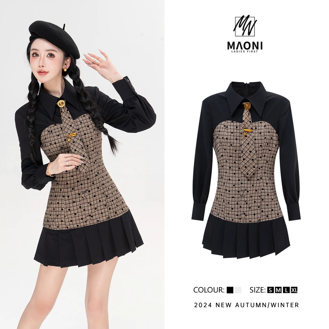 清-毛妮Peshe【韩系小香】2024秋气质拼接时髦连衣裙配领带D9822