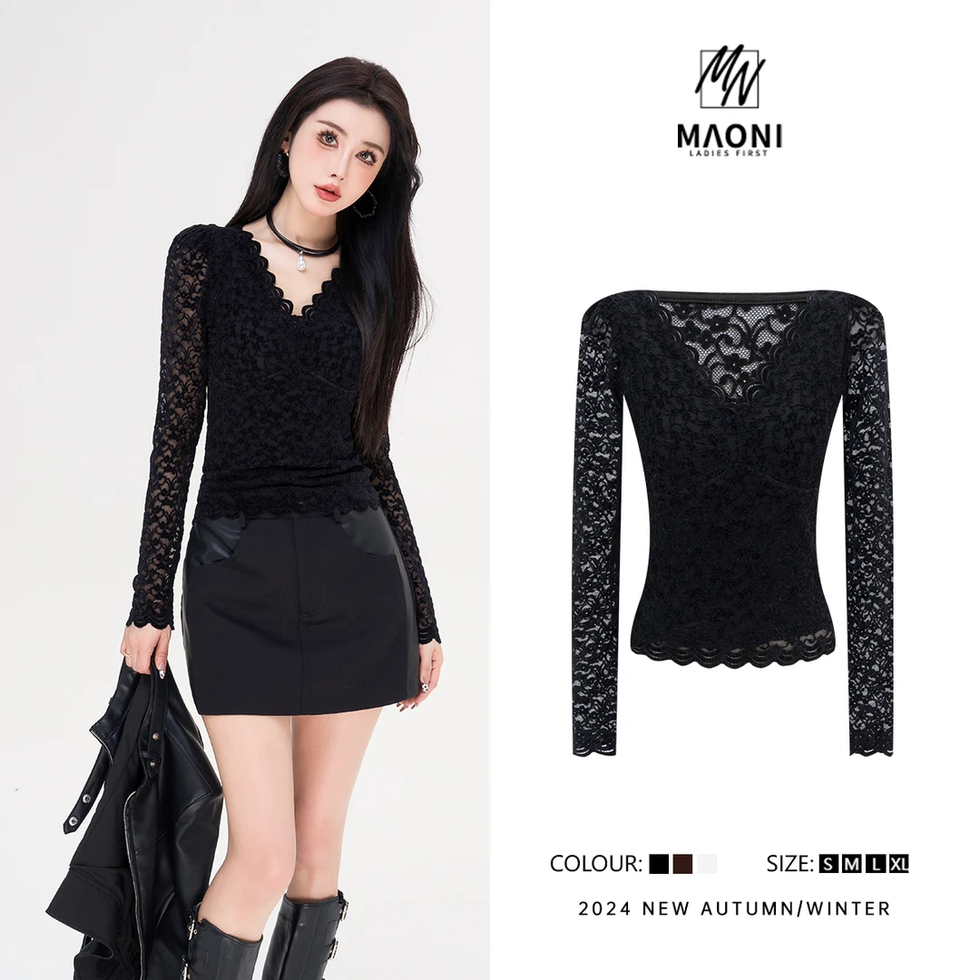 清-毛妮Peshe【性感小女人】2024秋款穿搭v领修身显瘦蕾丝衫 D9775