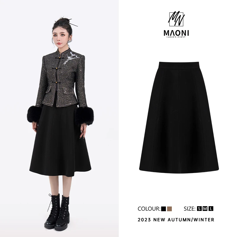 清-毛妮Peshe【大摆裙】黑色复古穿搭法式高腰显瘦半身裙女D8932