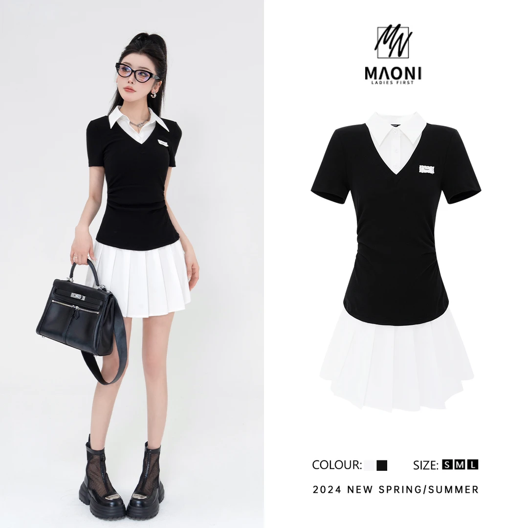 清-毛妮Peshe【韩系学妹】2024夏学院风辣妹修身设计感连衣裙D9387