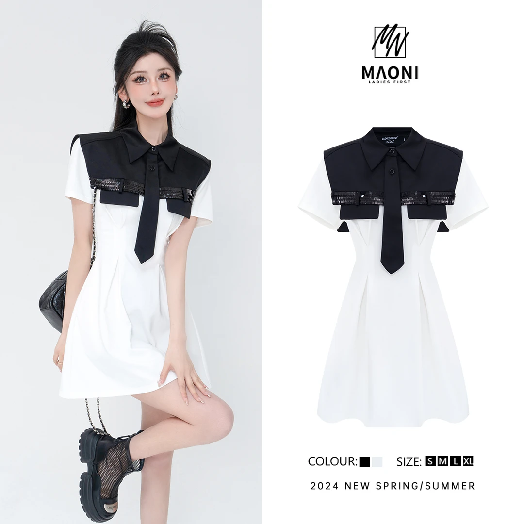 清-毛妮Peshe【时尚通勤】法式设计感假两件海军领清凉连衣裙D9357