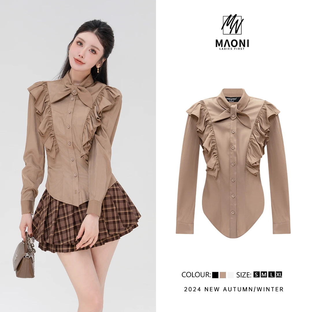 毛妮Peshe【文静女孩】高智淡人时尚法式荷叶边甜美褶皱衬衫女D9571