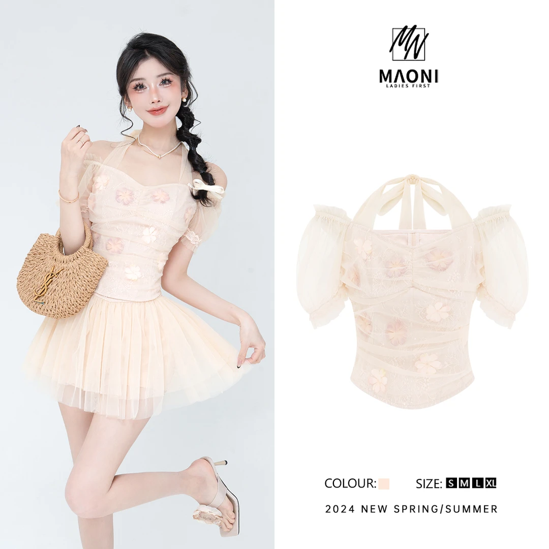 清-毛妮Peshe【繁花锦簇】2024夏蕾丝款甜美一字挂脖短袖T恤 D9299