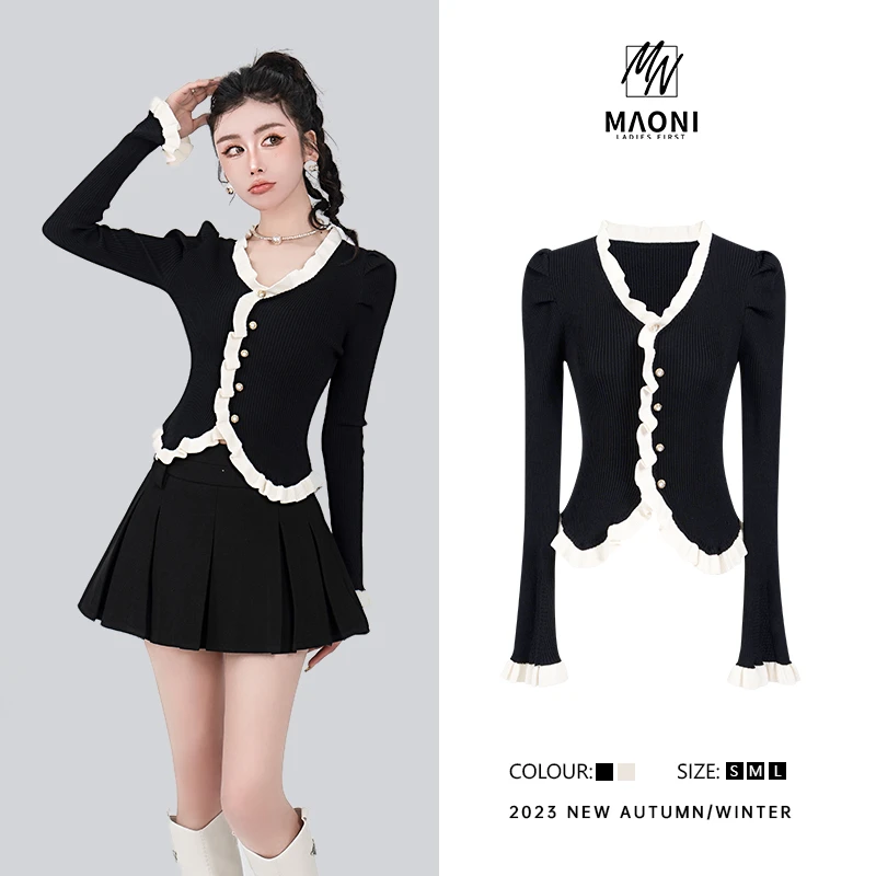 毛妮Peshe【法式花边】2023秋冬新品辣妹纯色显瘦荷叶边针织衫D8368