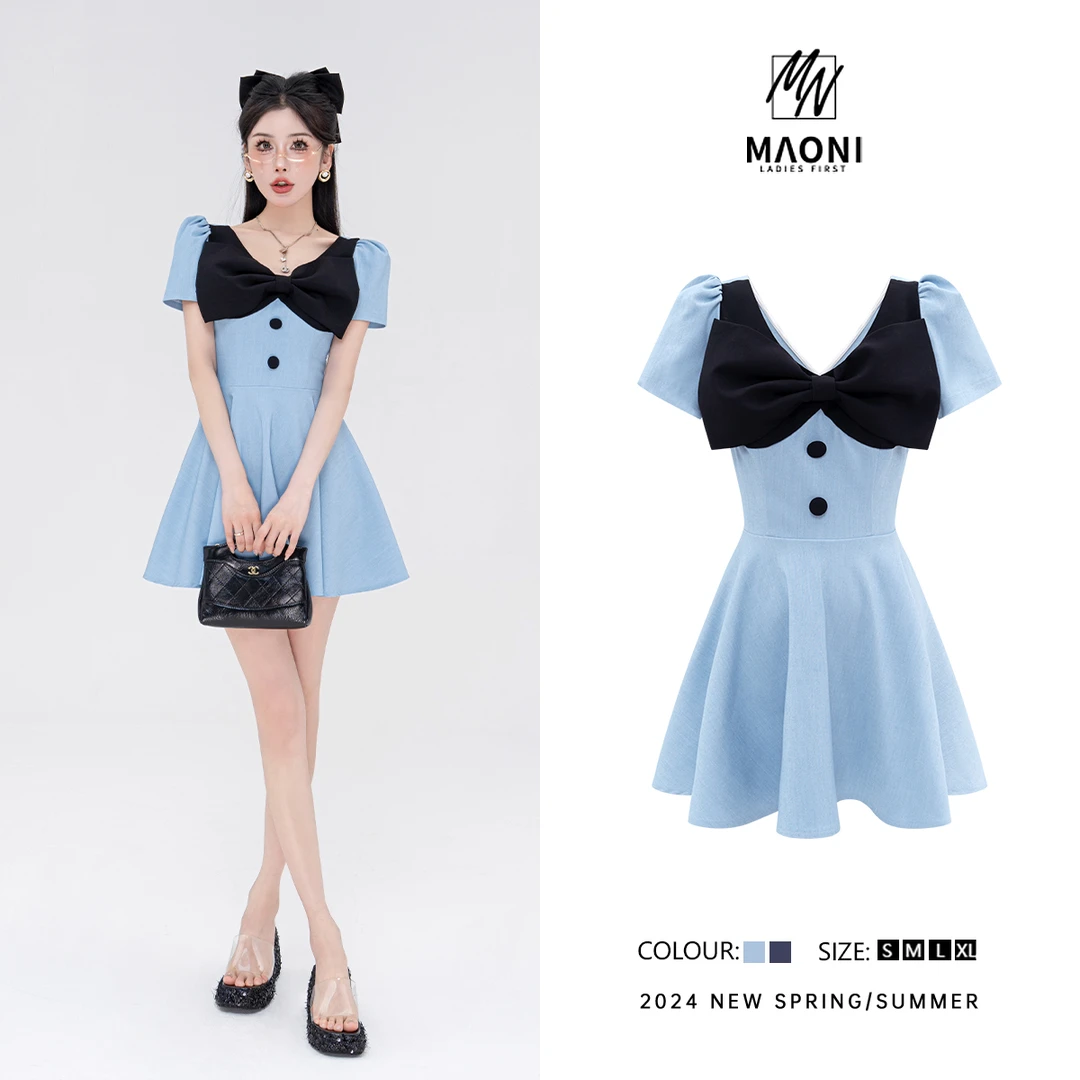 清-毛妮LADIESFIRST【矜奢小香】2024夏款蝴蝶结设计感连衣裙D9454