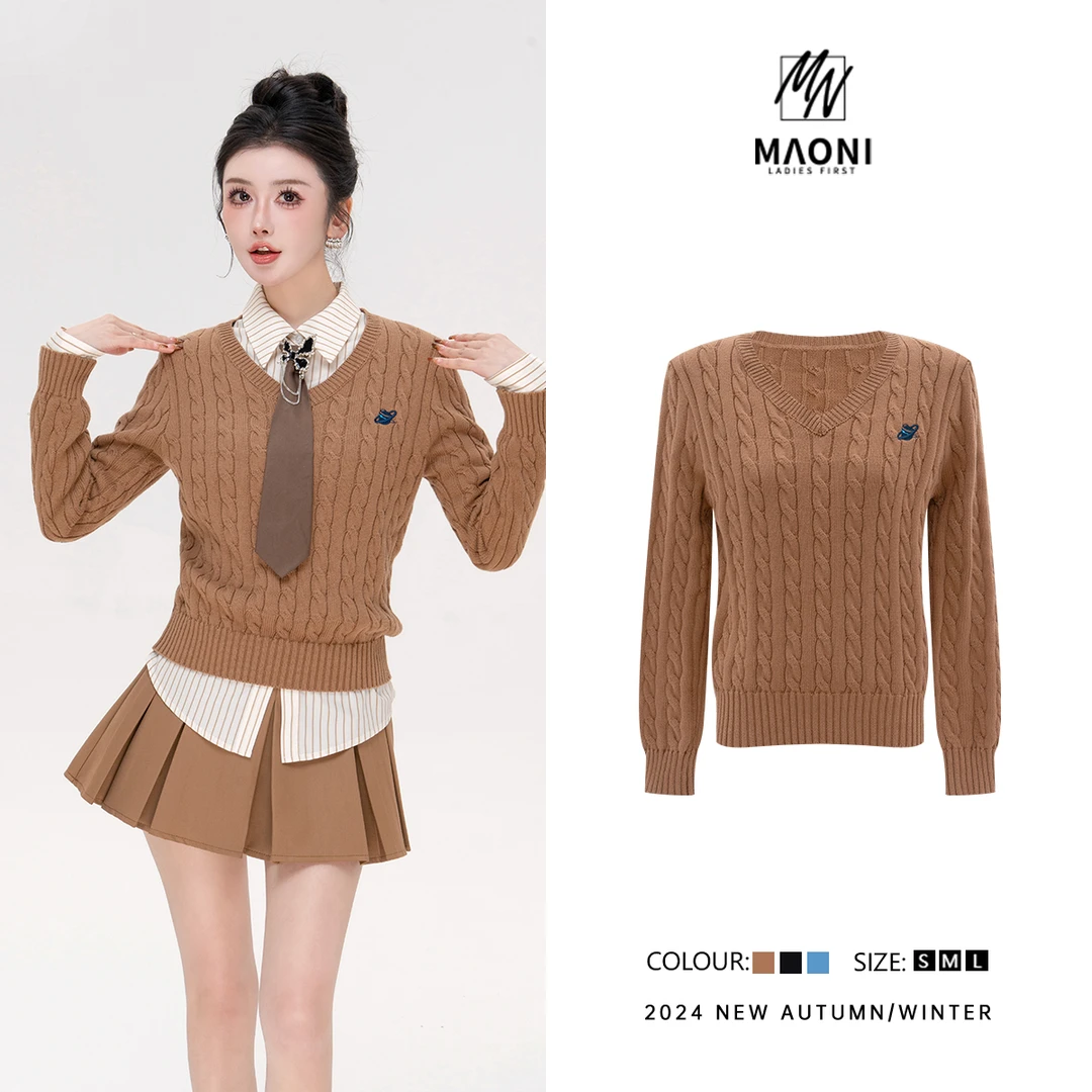 毛妮Peshe【朝暮来信】2025秋冬纯色学院风V领小众麻花毛衣女 D9541