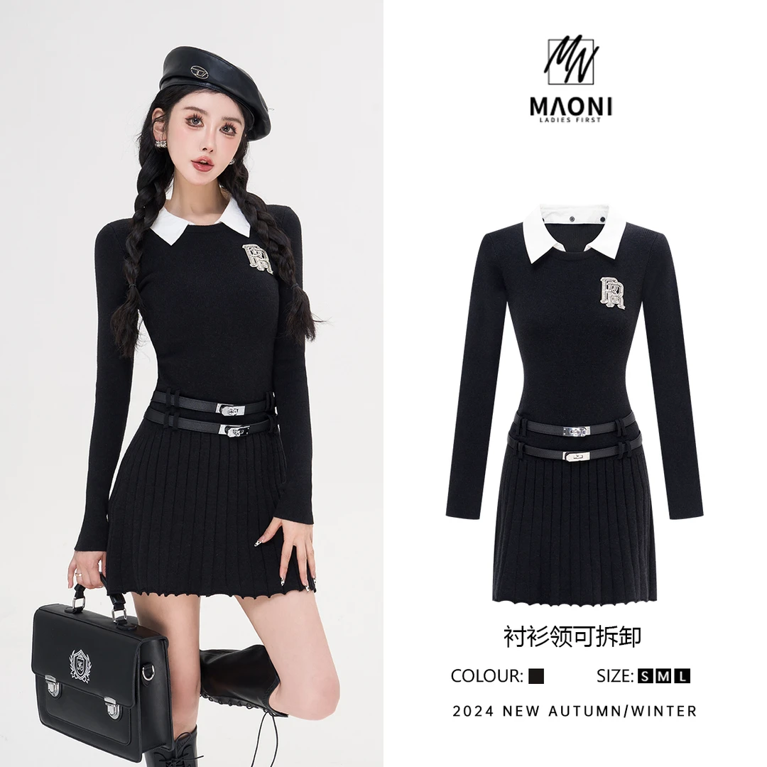 清-毛妮Peshe【衬衫领可拆】2024秋冬时髦假两件连衣裙配腰带D9836