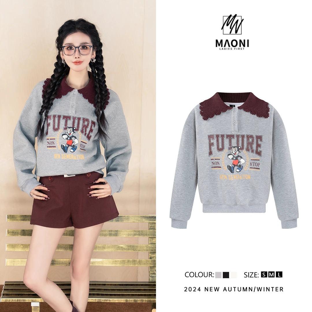 清-毛妮Peshe【卡通学院风】2024冬复古字母印花减龄加绒卫衣L1020