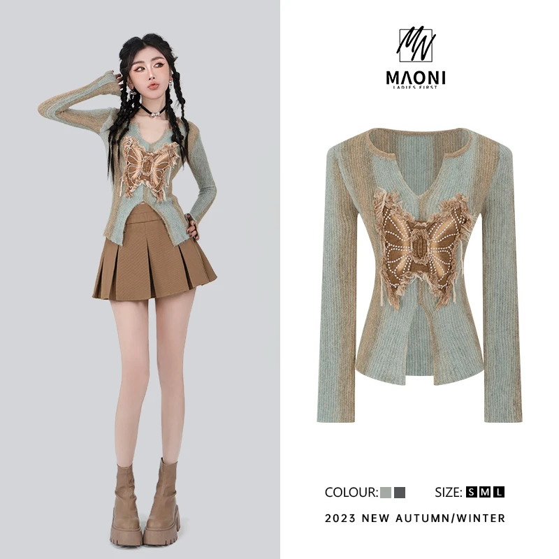 毛妮Peshe【星空之恋】热力感穿搭 小众设计蝴蝶牛仔百搭毛衣D8679