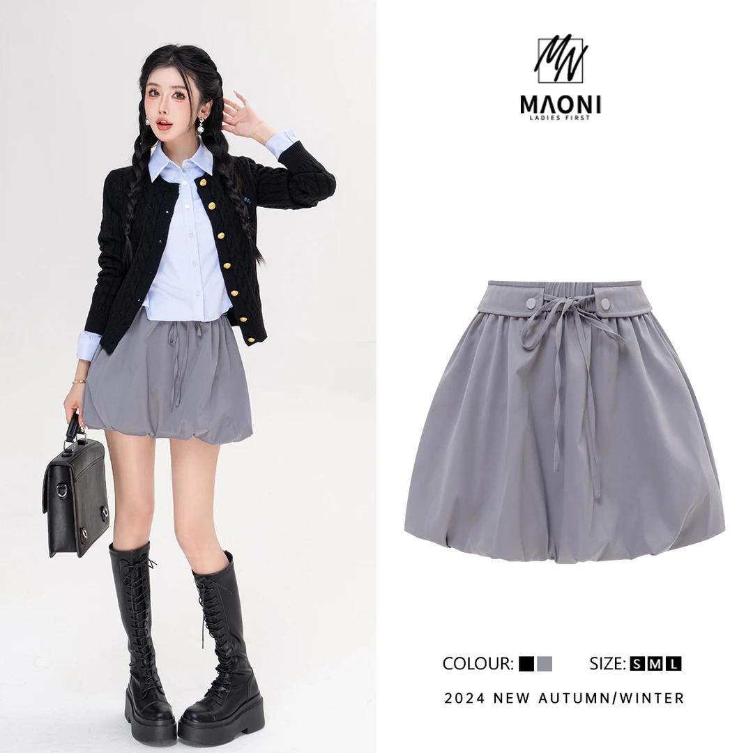 清-毛妮Peshe【甜酷工装】2024秋款高腰抽绳穿搭花苞短裤裙女D9846