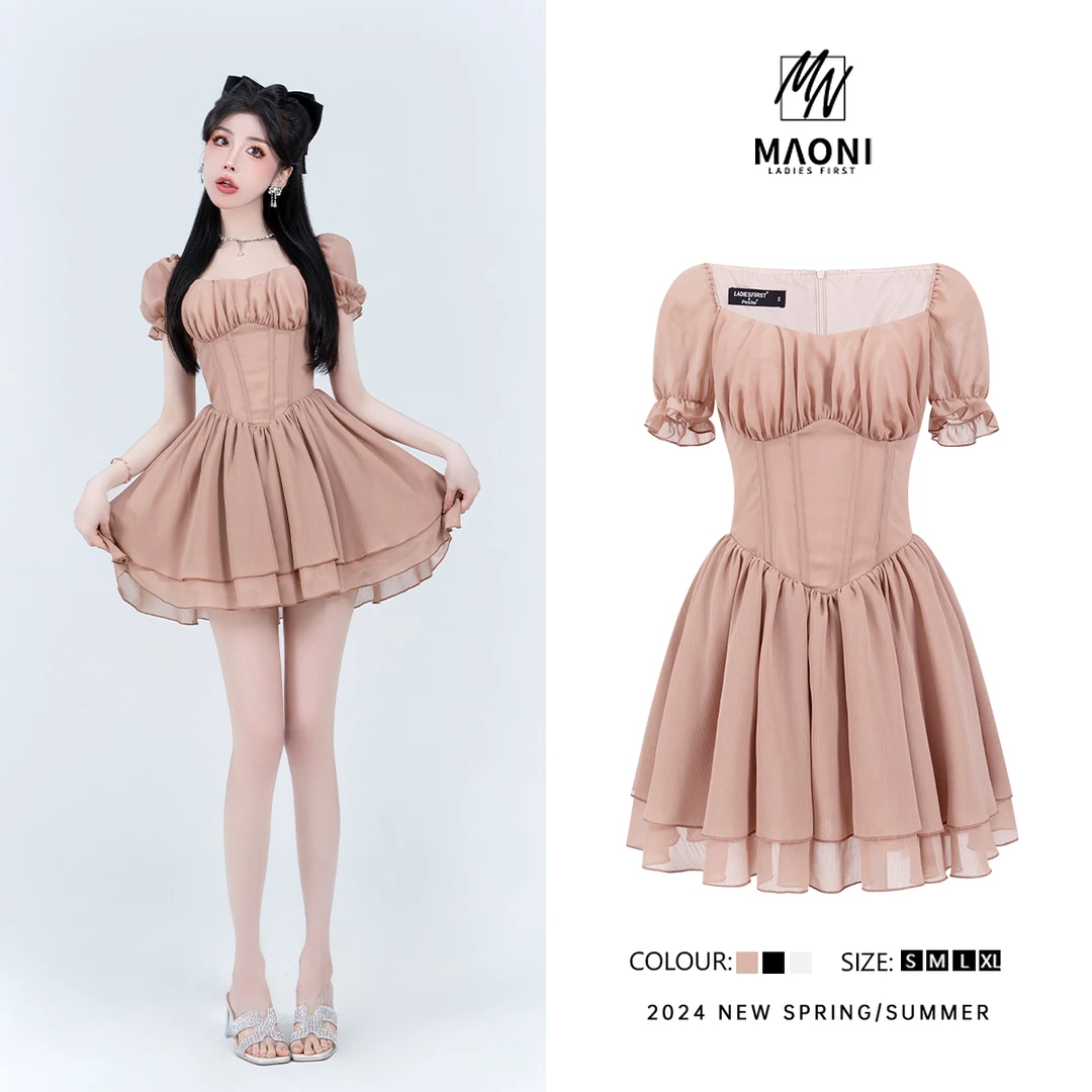 清-毛妮Peshe【法式公举】2024夏赫本风清凉拼接收腰泡泡袖女D9211