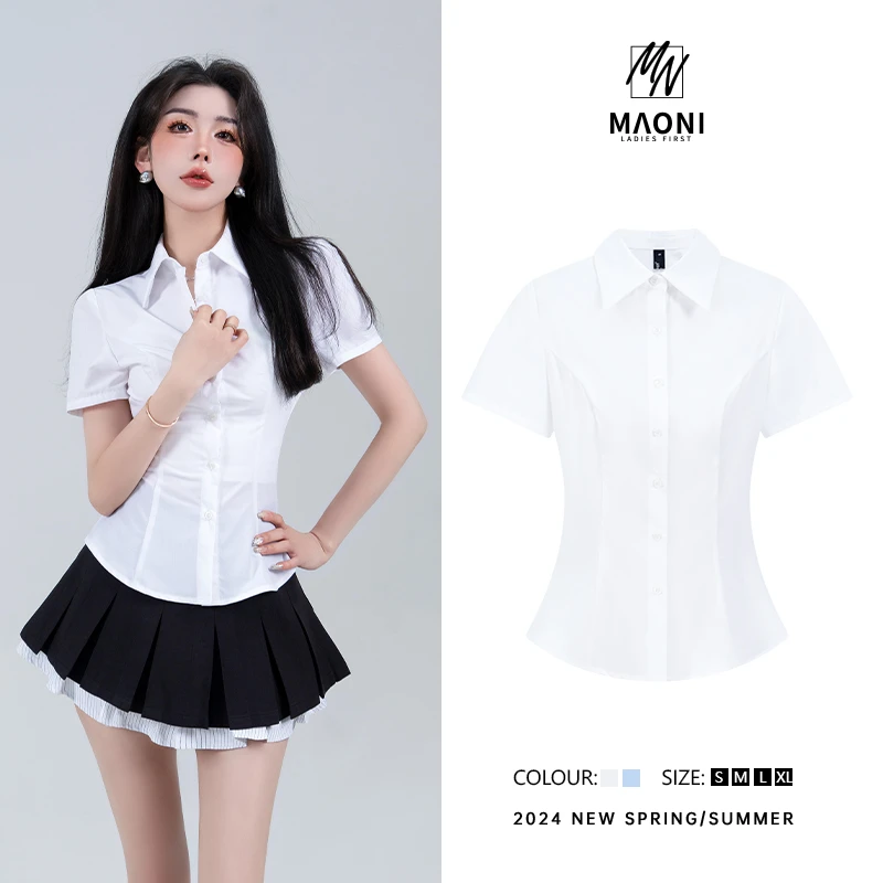 清-毛妮Peshe【均系学姐】2024春夏学院风显瘦短袖蓝衬衫女D9096
