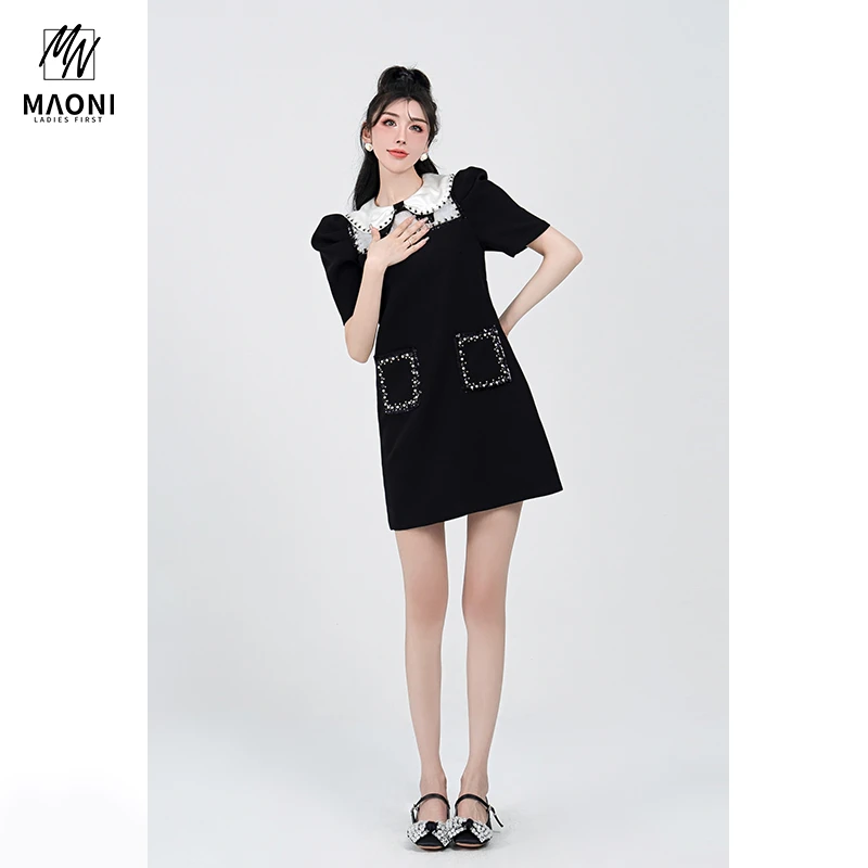 清-毛妮气质减龄清凉黑色娃娃领无袖法式女宽松连衣裙【清】 D8104