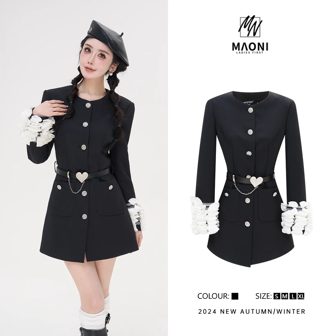 清-毛妮Peshe【千金归来】2024秋设计感花瓣袖穿搭外套配腰带D9751