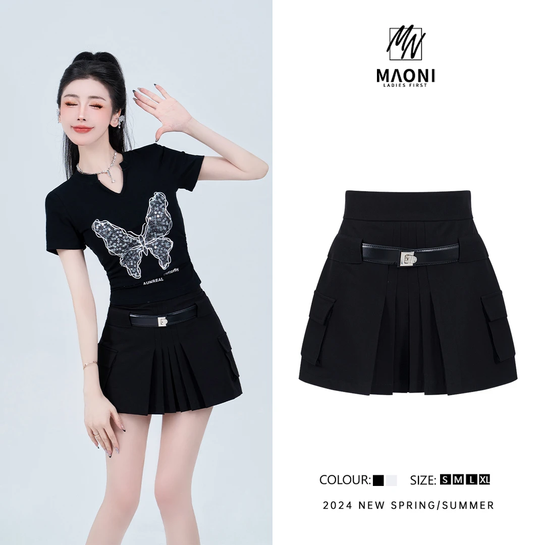 清-毛妮Peshe【韩系风】2024夏季时尚拼接百搭短裤裙配腰带D9223