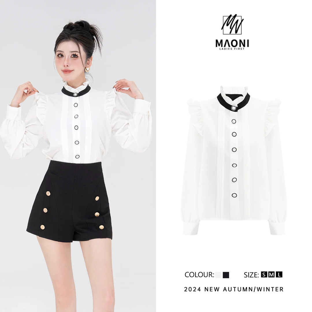 清-毛妮Peshe【芭比公主】时髦穿搭气质减龄小飞袖长袖衬衫女D9608