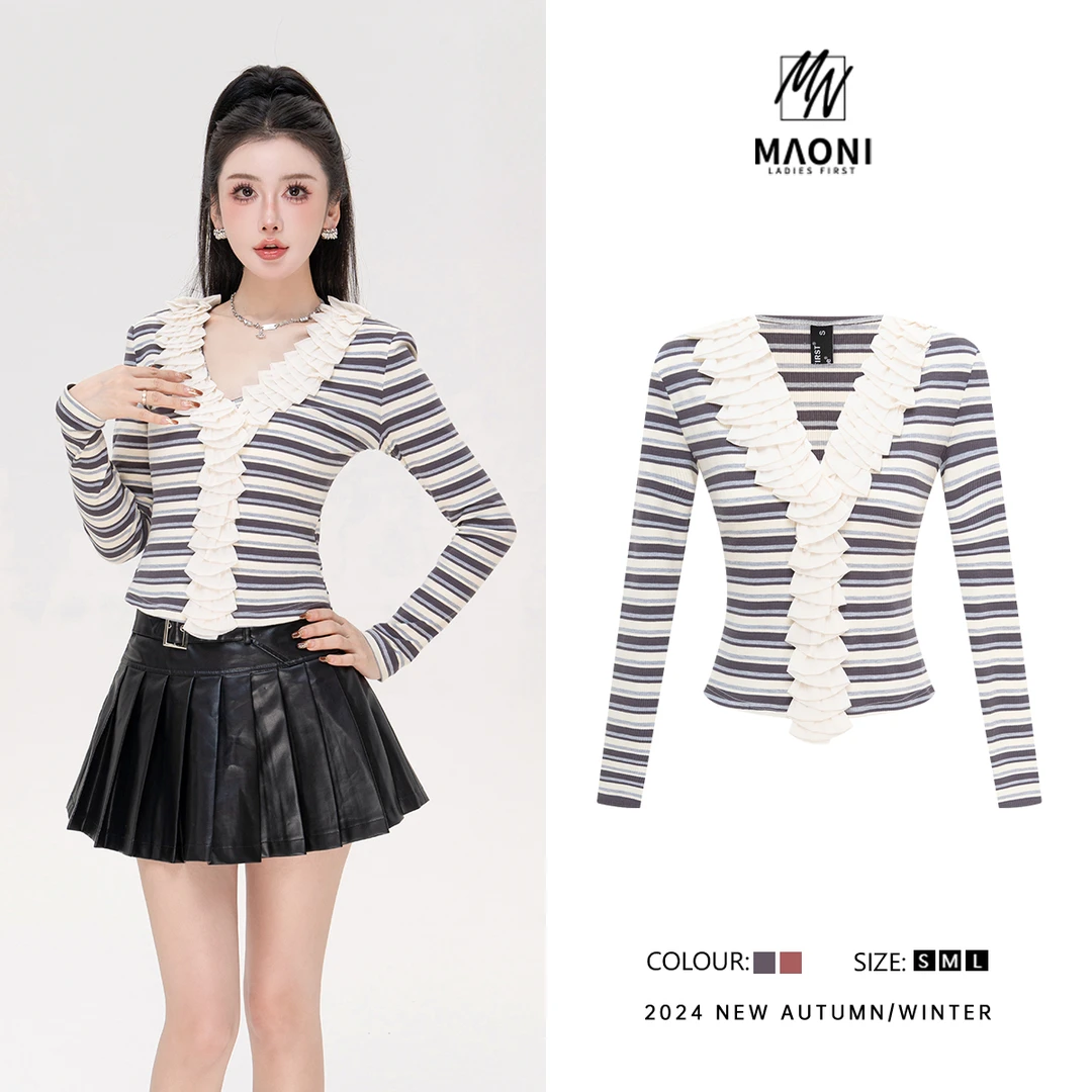 清-毛妮Peshe【法式花边】2024秋气质时髦荷叶边长袖百搭T恤 D9666