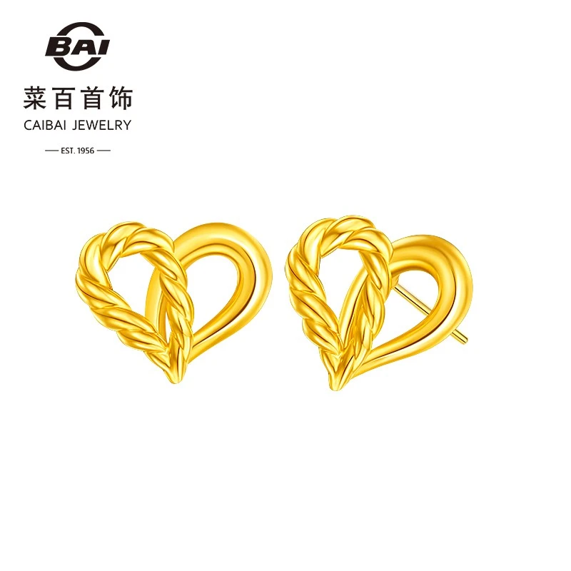 菜百首饰 黄金耳饰 时尚复古经典足金5D镂空拼接心形足金耳钉
