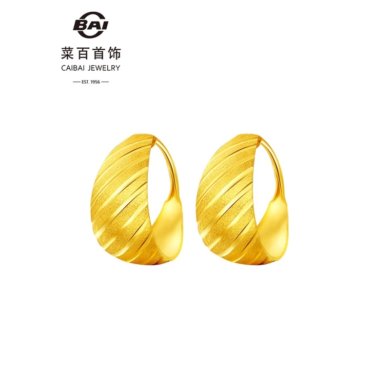 菜百首饰黄金耳饰时尚简约百搭大气气质纹路泰式耳环女款送长辈