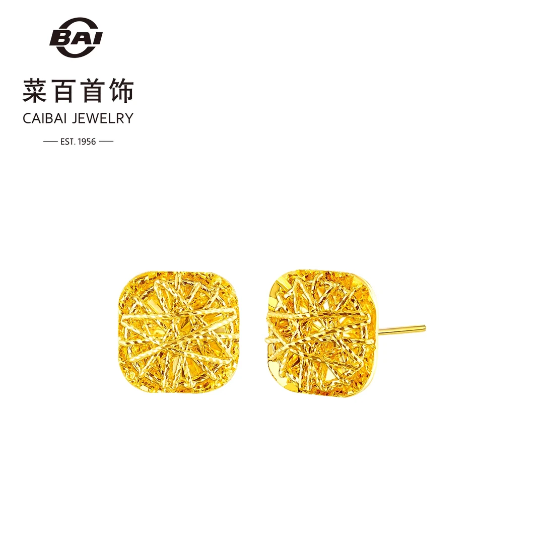 菜百首饰5G黄金方糖耳钉女新款足金花丝时尚闪耀耳饰礼物计价